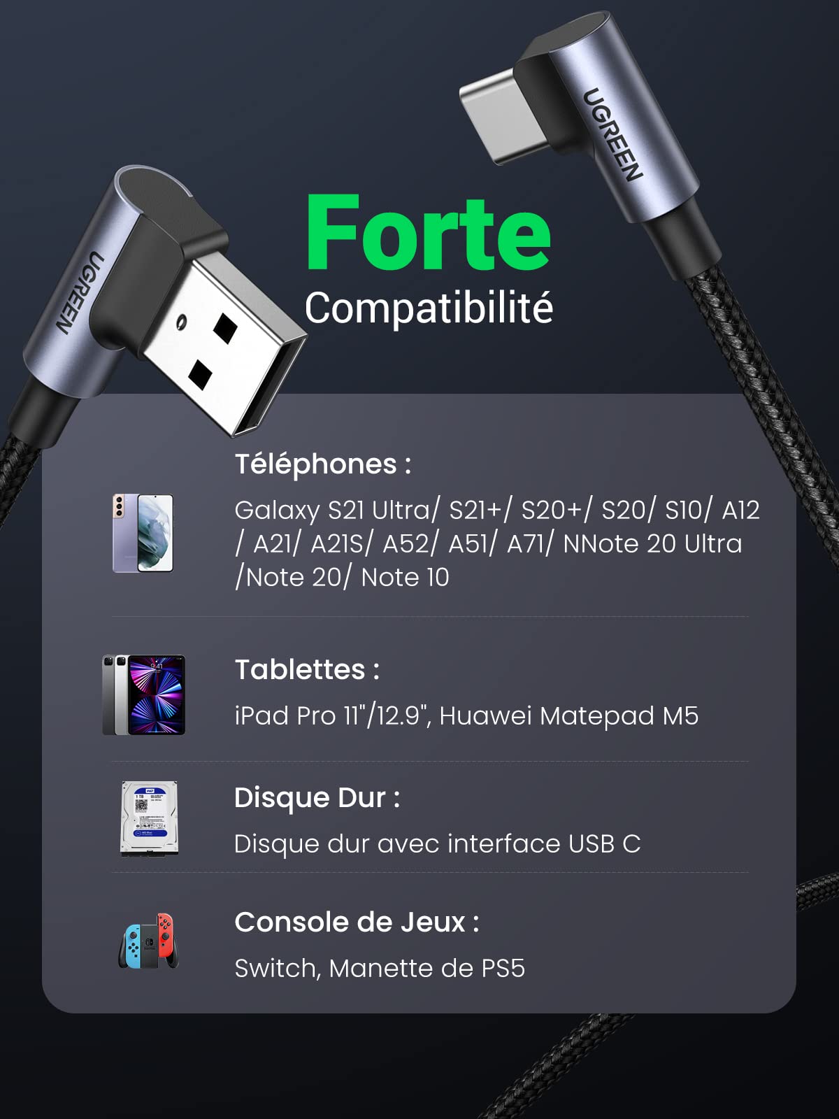 UGREEN Câble USB C Coudé 90 Degrés Charge Rapide Nylon Tressé
