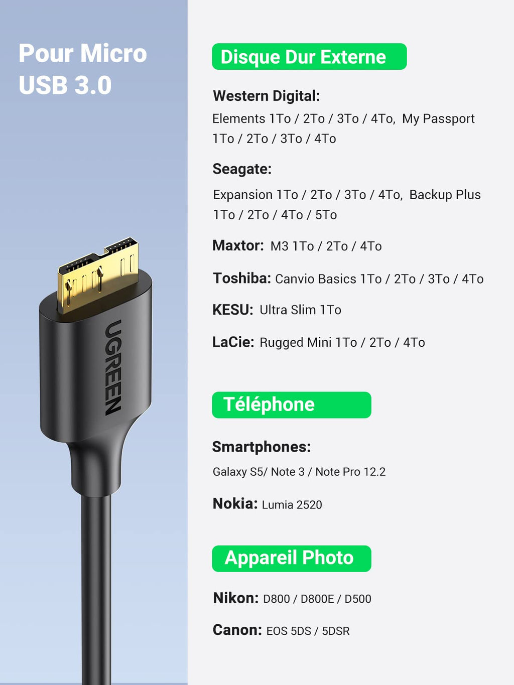 UGREEN Câble USB 3.0 Mâle A vers Micro B Câble Disque Dur