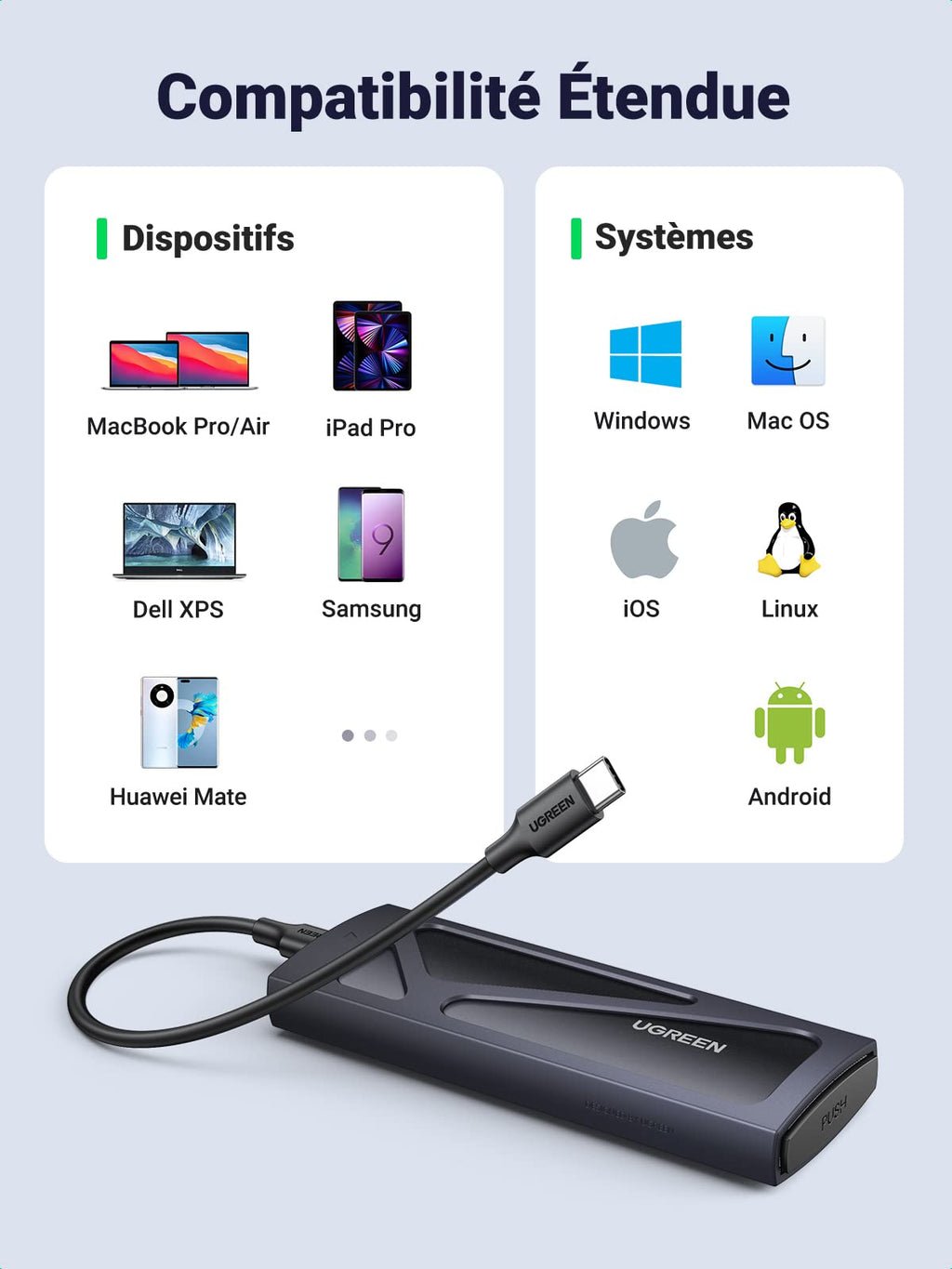 UGREEN Boîtier M.2 SSD NVMe 10 Gbps USB 3.2 Gen 2 Adaptateur