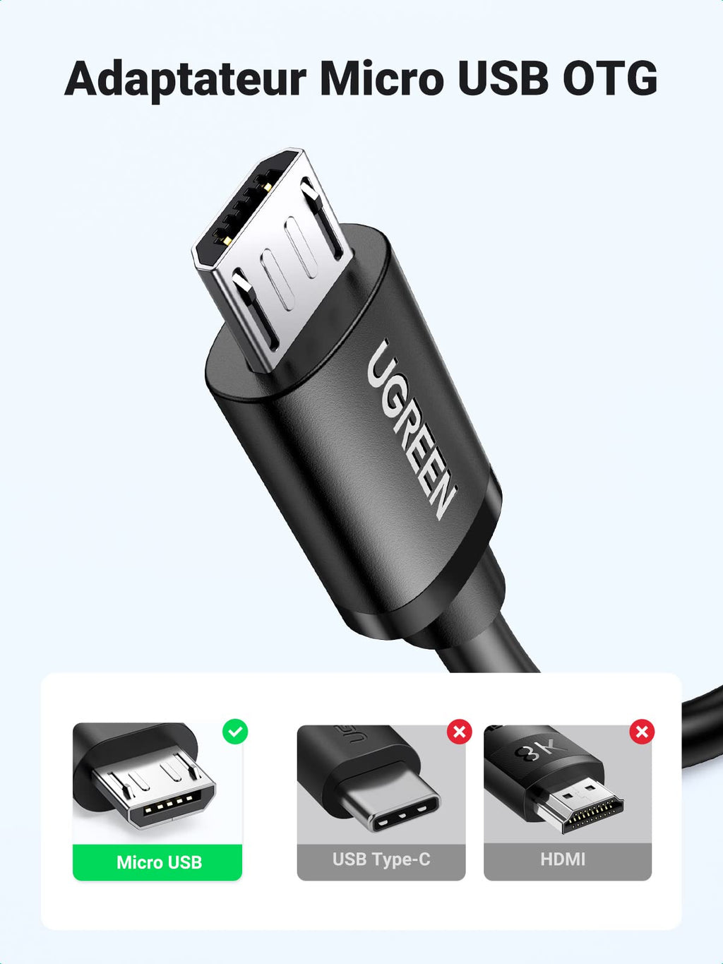 UGREEN OTG Adaptateur Micro USB Mâle vers USB 2.0 Femelle Host Câble OTG Micro USB Compatible Galaxy A10 S7 S6 Edge S5 J3 J4 J5 J6 J7 J8, Galaxy Tab A E S2, Huawei P Smart 2019 Y5 Y6, Honor 8X, Wiko