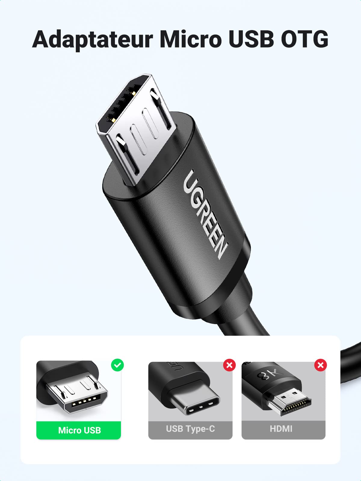 UGREEN OTG Adaptateur Micro USB Mâle vers USB 2.0 Femelle Host Câble OTG Micro USB Compatible Galaxy A10 S7 S6 Edge S5 J3 J4 J5 J6 J7 J8, Galaxy Tab A E S2, Huawei P Smart 2019 Y5 Y6, Honor 8X, Wiko