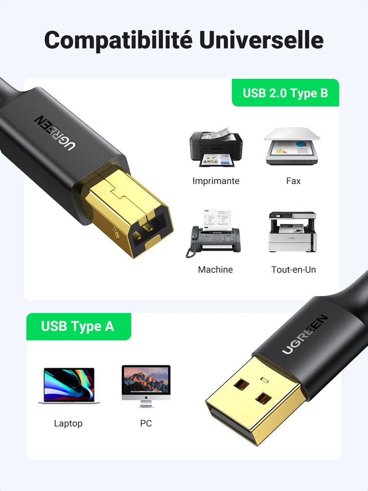 UGREEN Câble Imprimante USB 2.0 A Mâle vers USB B Mâle Câble Scanner Cordon Imprimante Type B Compatible avec Imprimante HP, Canon, Epson, Lexmark, Brother, Hero (3M)
