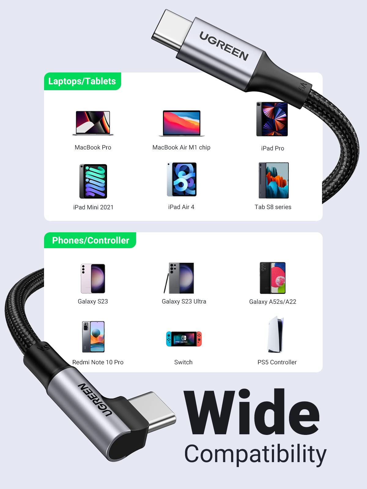 UGREEN Câble USB C vers USB C Coudé 100W Charge Rapide