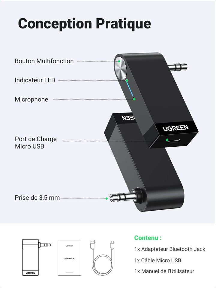 UGREEN Récepteur Bluetooth 5.0 Voiture Adaptateur Bluetooth Aux 3.5mm Jack Kit Mains Libres avec Mic Intégré pour Streaming Maison Kit Auto Haut Parleur