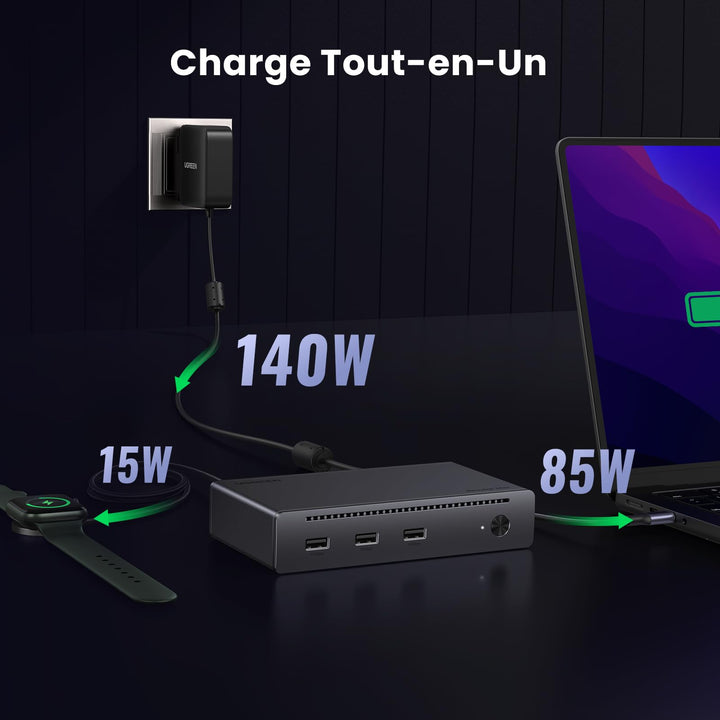 UGREEN Revodok Max 208 Dock Station Accueil 8 en 1 Triple Thunderbolt 4 15W 40Gbps Unique 8K30Hz Double Écran 4K60Hz Hub USB 3.2 10Gbps Dock USB C Ethernet RJ45 1000Mbps DC 140W Alimenté