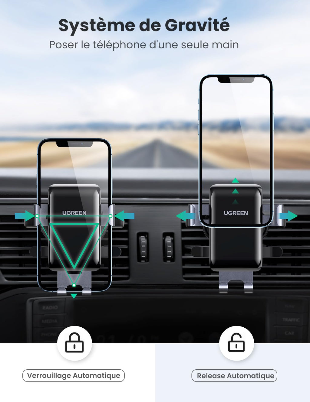 UGREEN Support Téléphone Voiture Gravité Grille Aération Ronde Porte Portable Voiture Accroche