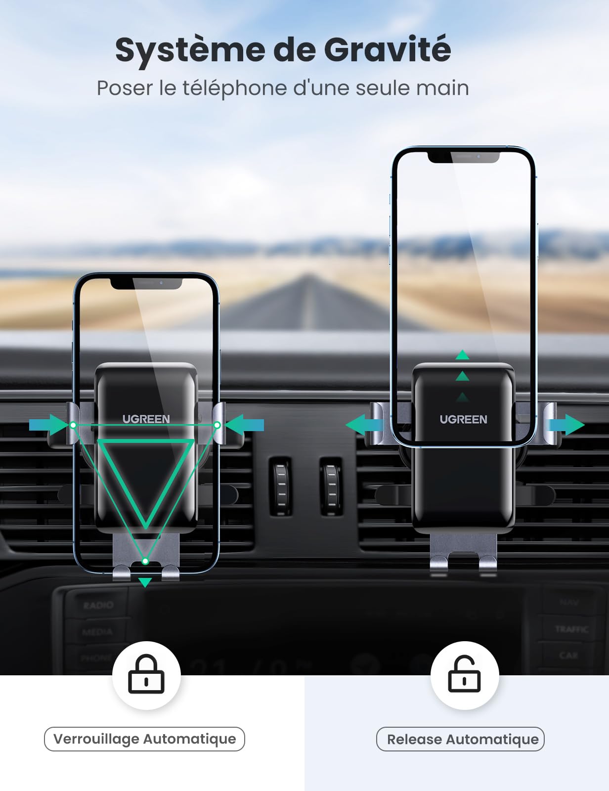 UGREEN Support Téléphone Voiture Gravité Grille Aération Ronde Porte Portable Voiture Accroche