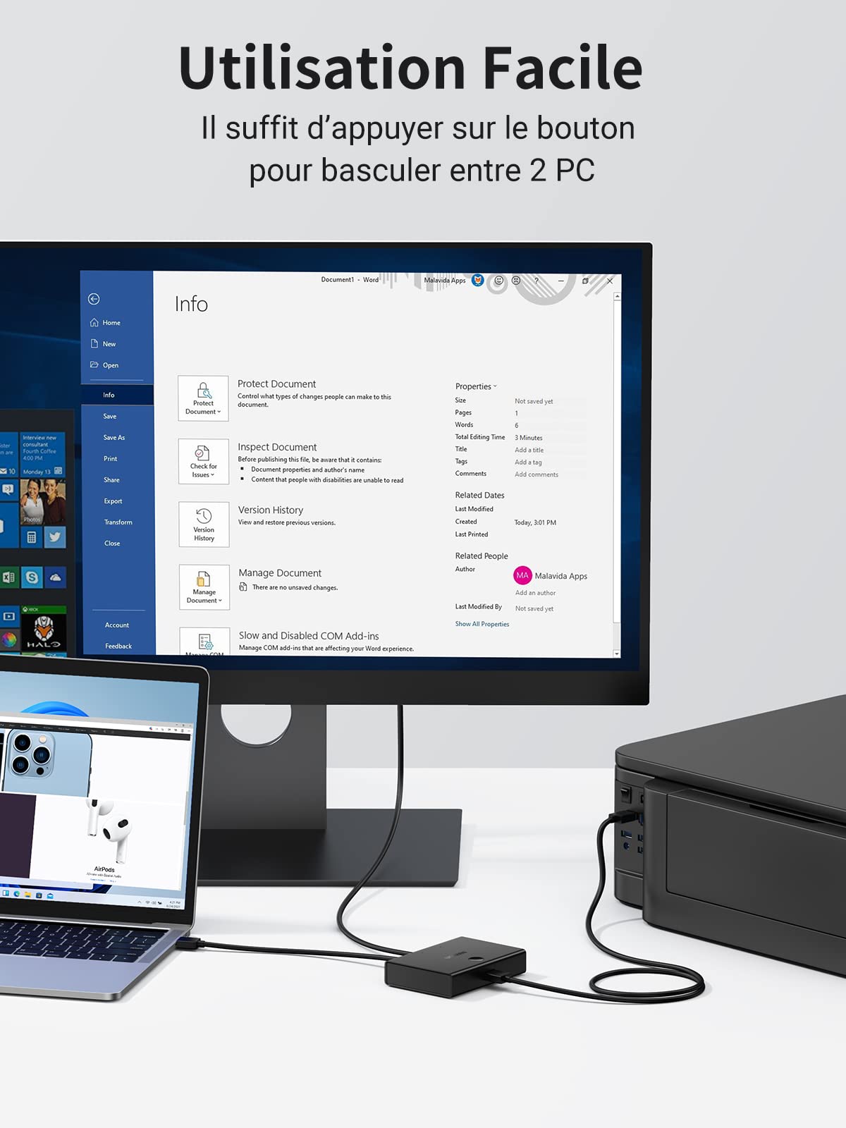 UGREEN USB 2.0 Switch, 2 Entrées 1 Sortie, Commutateur USB