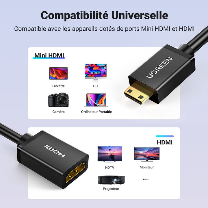 UGREEN Adaptateur Mini HDMI et Micro HDMI Mâle vers HDMI Femelle Plaqué Or  pour Smartphones, Tablettes