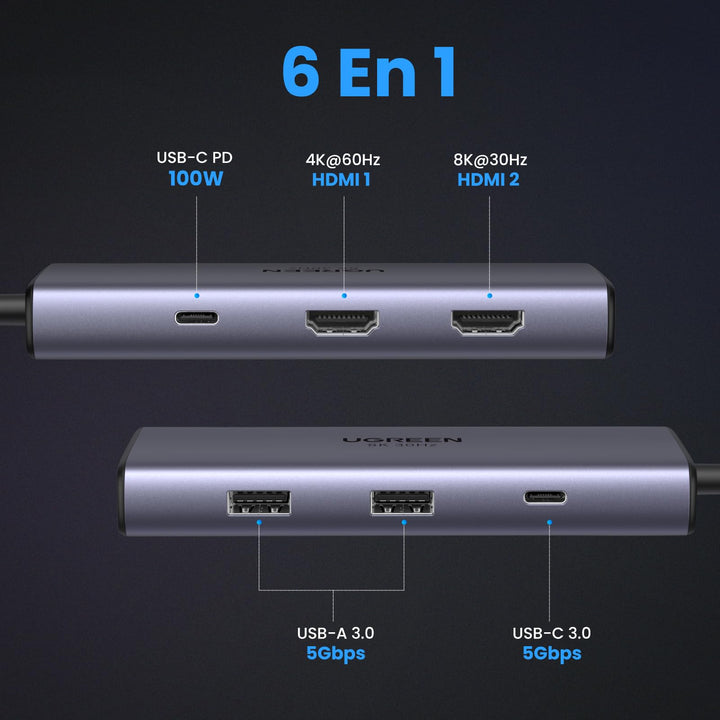 UGREEN Revodok Hub USB C Double HDMI 8K30Hz 4K60Hz 6 en 1 Dock Station