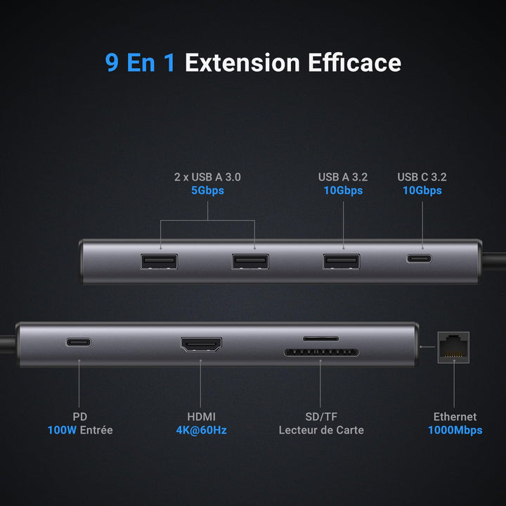 UGREEN Revodok Pro 109 Hub USB C 3.2 10Gbps 4K60Hz HDMI RJ45 Ethernet 9 en 1 Adaptateur USB C Multiport 100W Aliment¨¦ Lecteur de Carte Compatible avec iPhone 15 MacBook Pro Air Surface Go iPad Pro