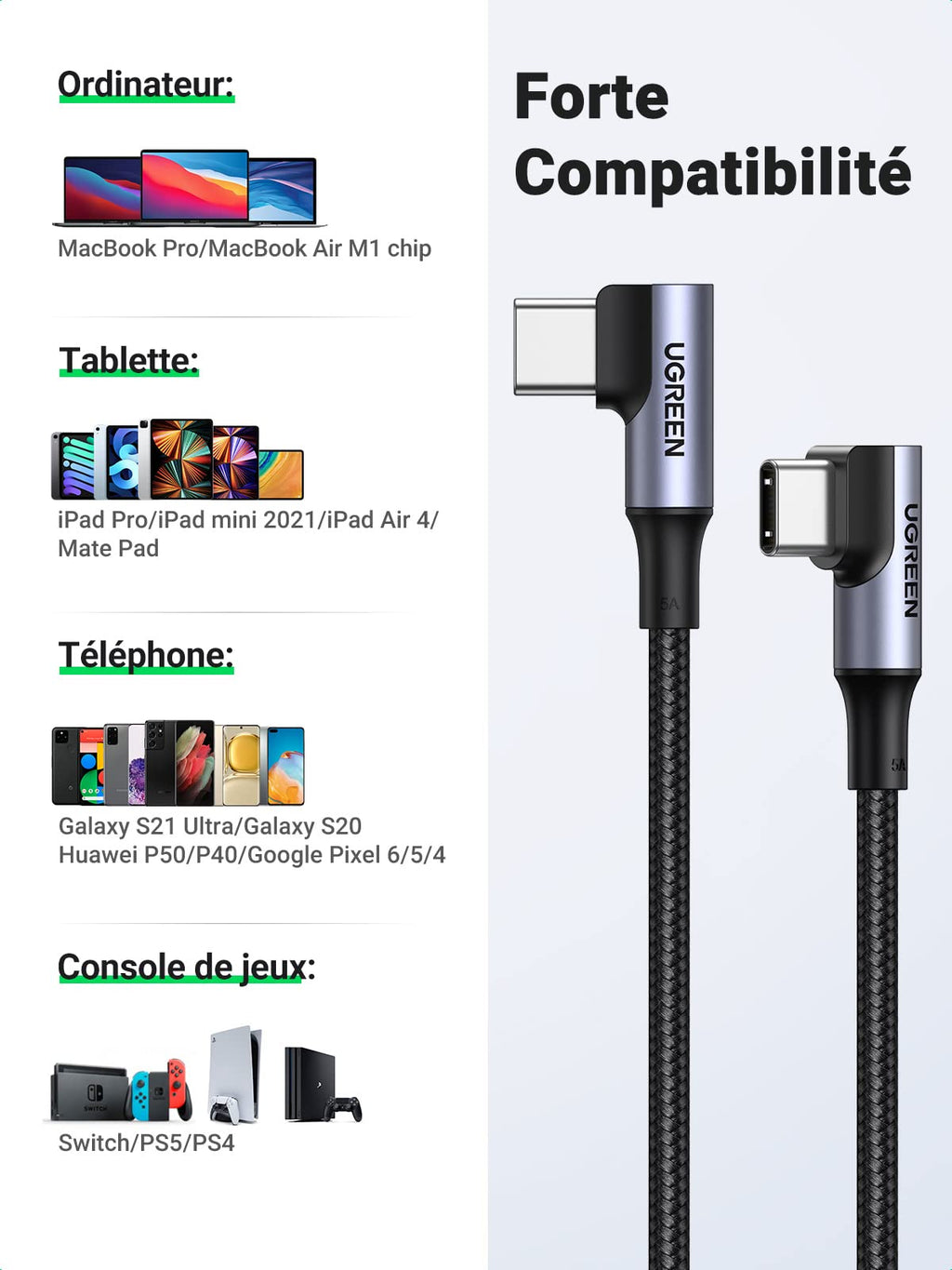 UGREEN Câble USB C vers USB C Coudé 100W 5A Câble USB Type C 90 Degrés Charge Rapide Nylon Tressé
