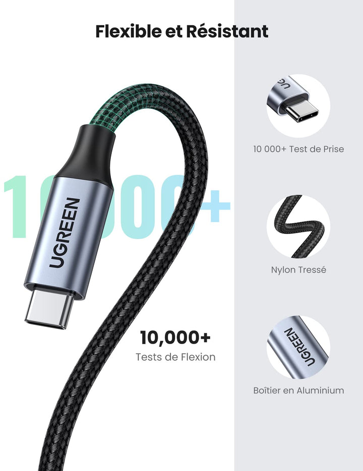 UGREEN Rallonge USB C Gen 2 Supporte Thunderbolt 3 Charge Rapide 100W Câble Extension Type C Pour Vidéo 4K 60Hz Data 10Gbps, 0.5 M