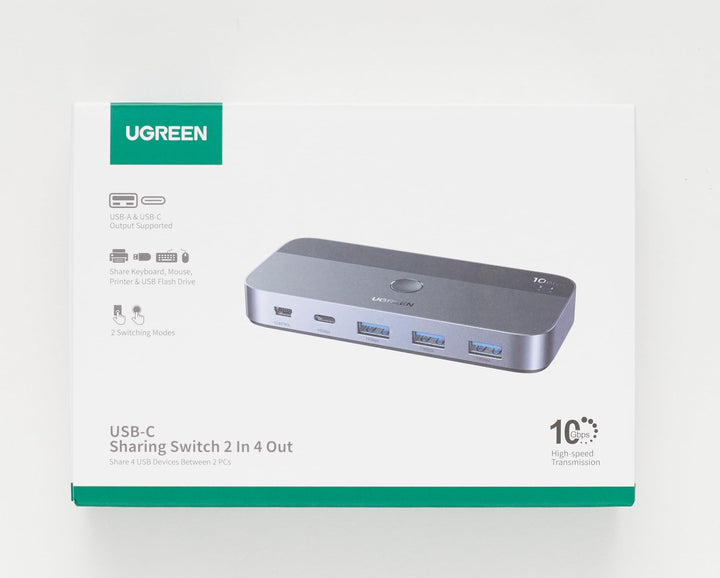 UGREEN Switch USB C 3.2 10Gbps 4 Ports USB Switch pour 2 PC Commutateur KVM 2 Entrées 4 Sorties pour Clavier Souris Disque Dur Imprimante avec Contrôleur du Bureau et 2 Câbles USB C Inclus Plug Play