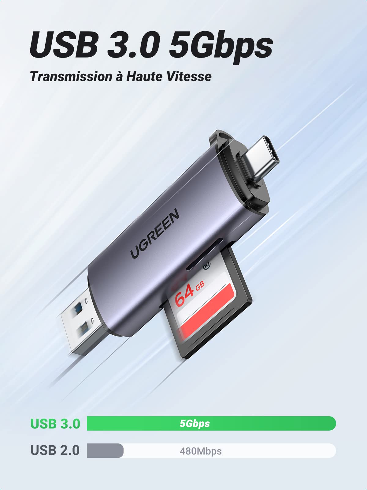 UGREEN Lecteur de Carte SD Micro SD USB C USB 3.0 2 en 1 Adaptateur de Carte SD en Aluminium Supporte 2 Cartes Max 2To