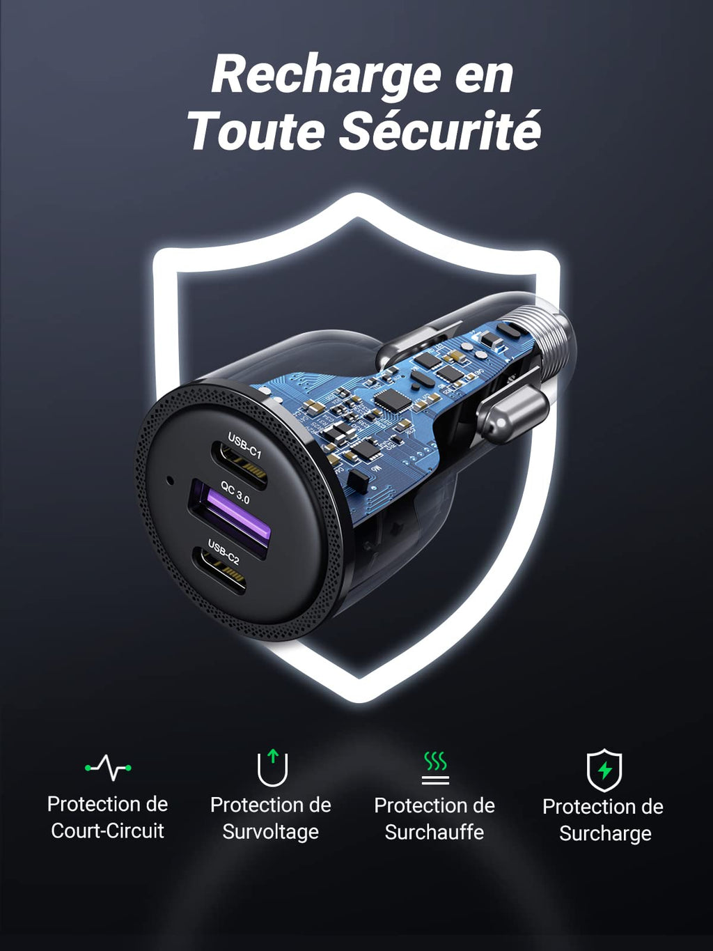 UGREEN 69W Chargeur Voiture USB C Rapide PD QC 3.0