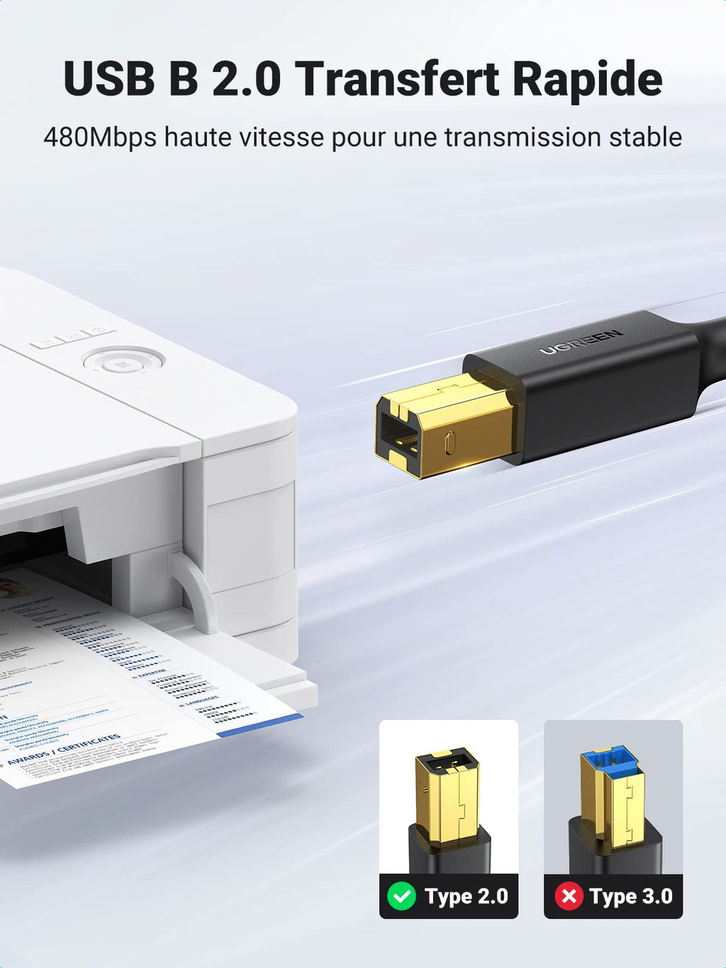 UGREEN Câble Imprimante USB 2.0 A Mâle vers USB B Mâle Câble Scanner Cordon Imprimante Type B Compatible avec Imprimante HP, Canon, Epson, Lexmark, Brother, Hero (3M)