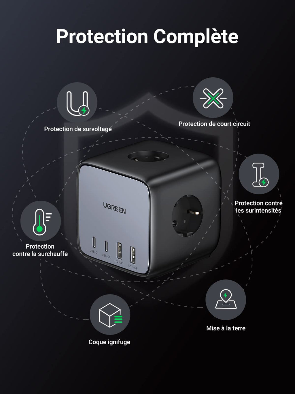 UGREEN DigiNest Cube 7 en 1 Multiprise USB Cube 3 Prises