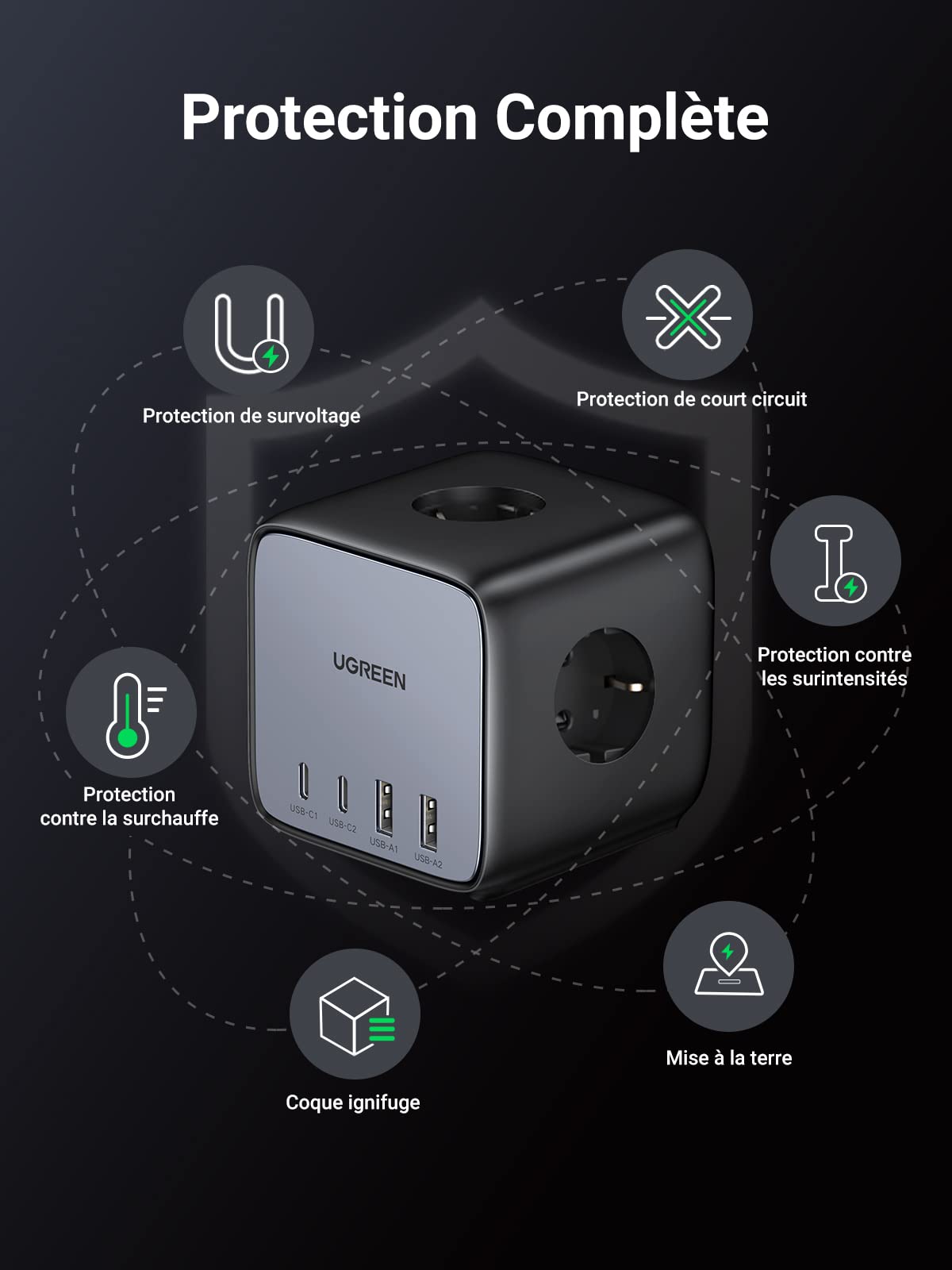 UGREEN DigiNest Cube 7 en 1 Multiprise USB Cube 3 Prises