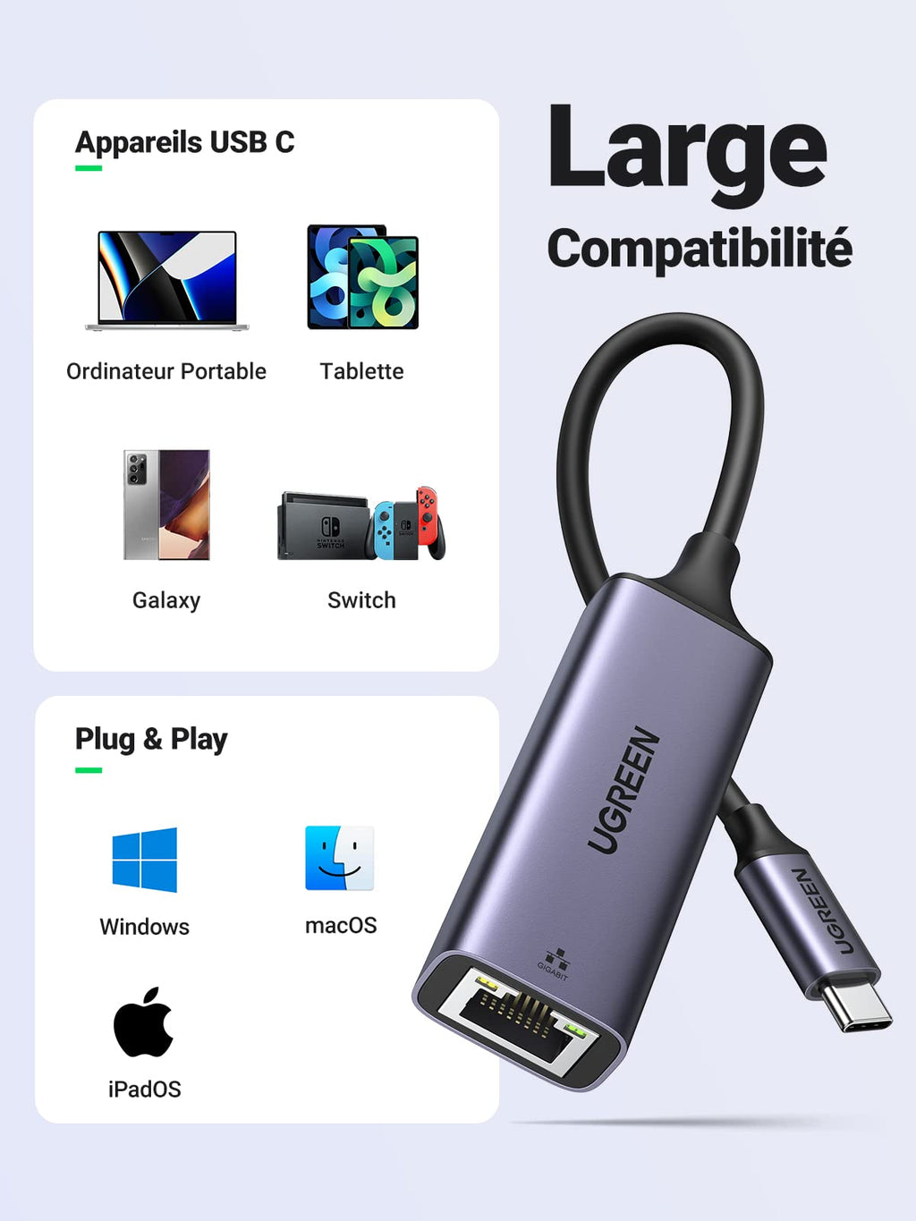 UGREEN Adaptateur USB C vers Ethernet Thunderbolt 3 4 RJ45