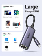 UGREEN Adaptateur USB C vers Ethernet Thunderbolt 3 4 RJ45