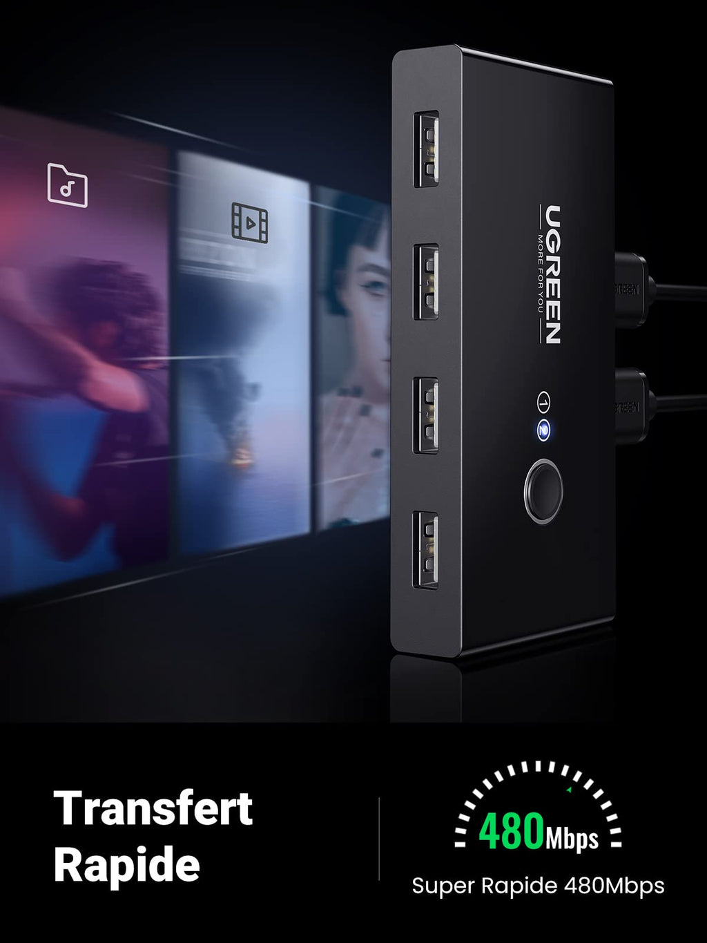UGREEN USB 2.0 Switch 4 Ports 2 Entrées 4 Sorties USB Commutateur