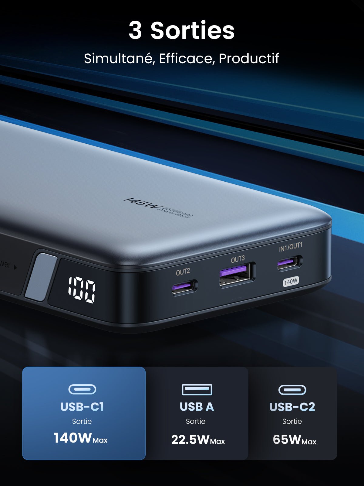 UGREEN Batterie Externe Portable USB C 25000 mAh 145W 3 Sorties Câble