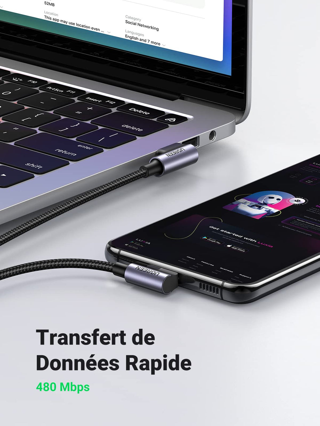 UGREEN Câble USB C Coudé 90 Degrés Charge Rapide Nylon Tressé