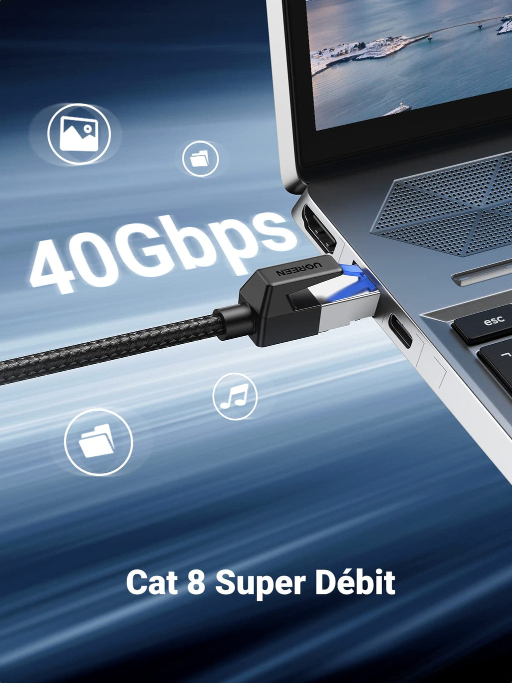 UGREEN Cat 8 Câble Ethernet Réseau RJ45 40Gbps 2000MHz Double Blindage