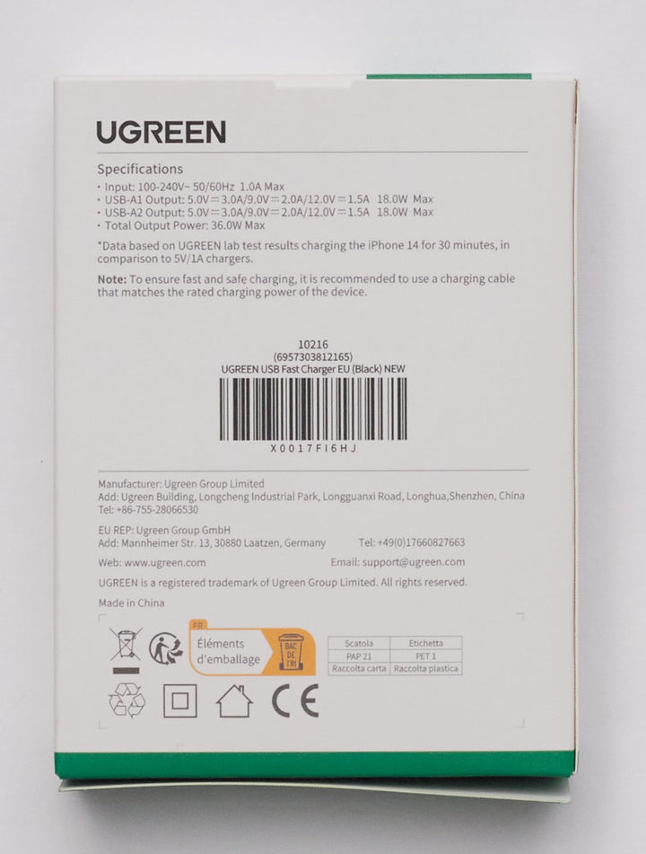 UGREEN 18W Quick Charge 3.0 Chargeur Secteur USB 2 Ports