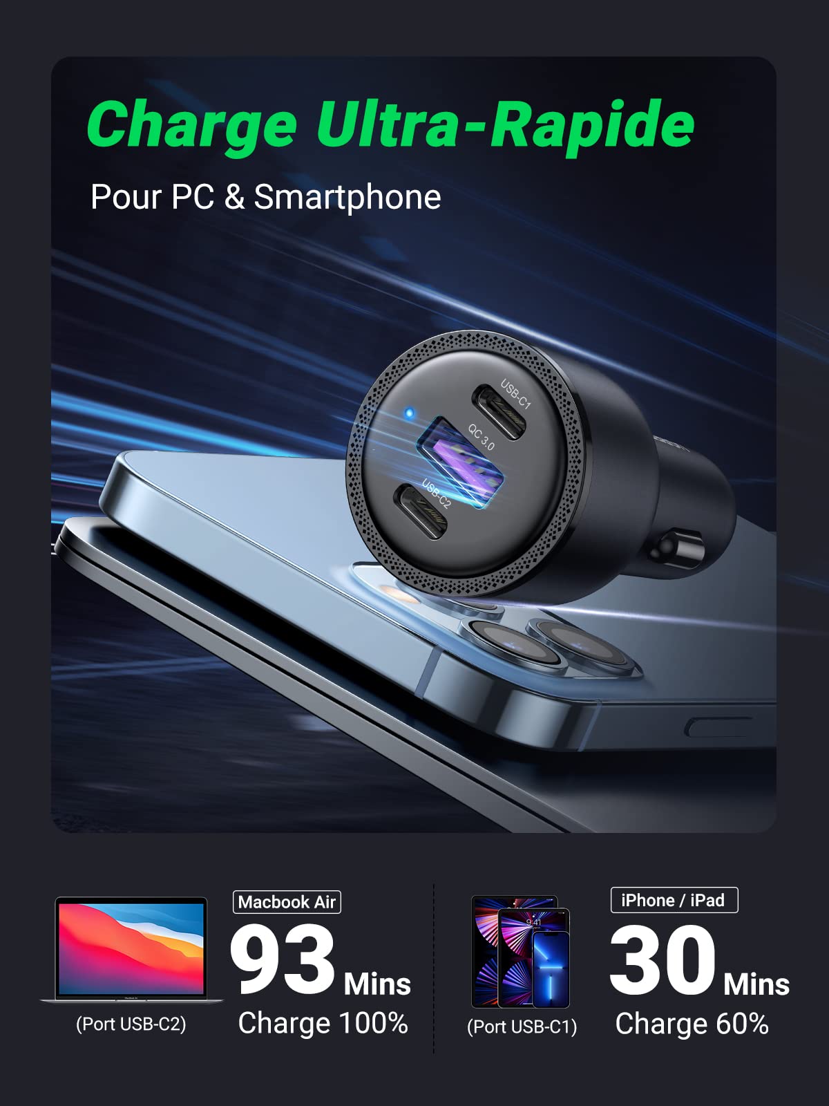 UGREEN 69W Chargeur Voiture USB C Rapide PD QC 3.0