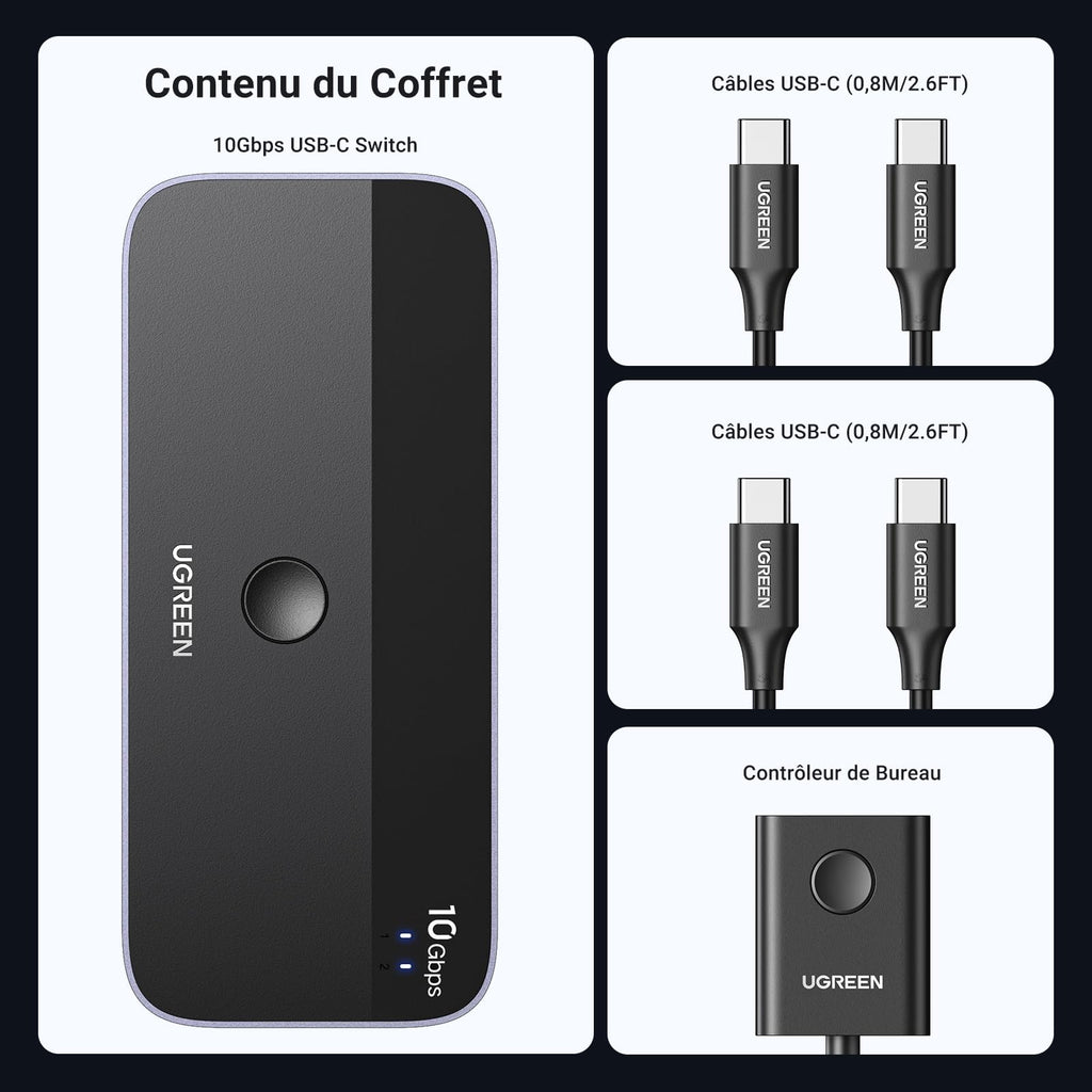 UGREEN Switch USB C 3.2 10Gbps 4 Ports USB Switch pour 2 PC Commutateur KVM 2 Entrées 4 Sorties pour Clavier Souris Disque Dur Imprimante avec Contrôleur du Bureau et 2 Câbles USB C Inclus Plug Play