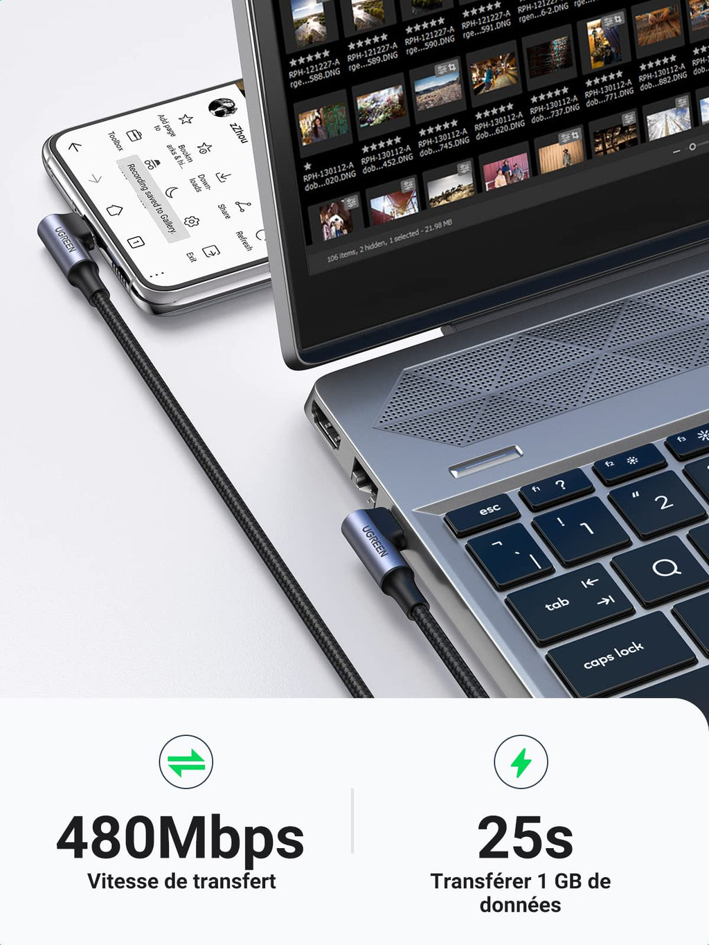 UGREEN Câble USB C vers USB C Coudé 100W 5A Câble USB Type C 90 Degrés Charge Rapide Nylon Tressé