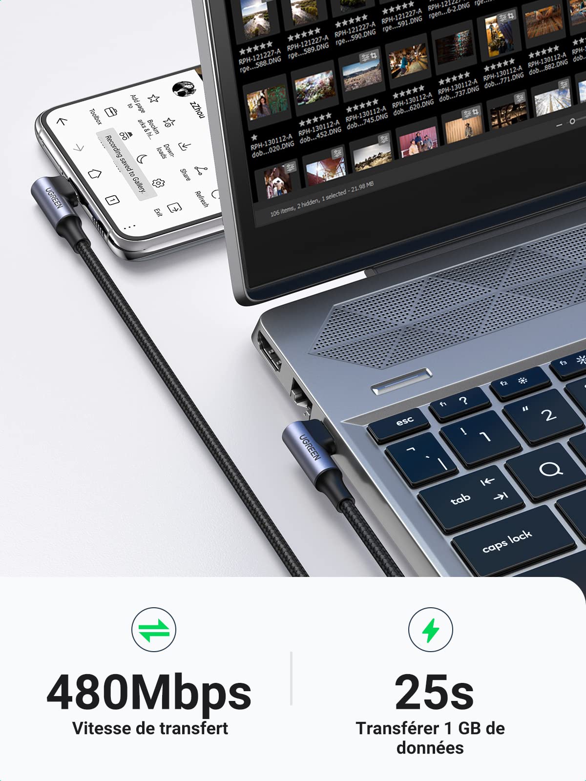UGREEN Câble USB C vers USB C Coudé 100W 5A Câble USB Type C 90 Degrés Charge Rapide Nylon Tressé