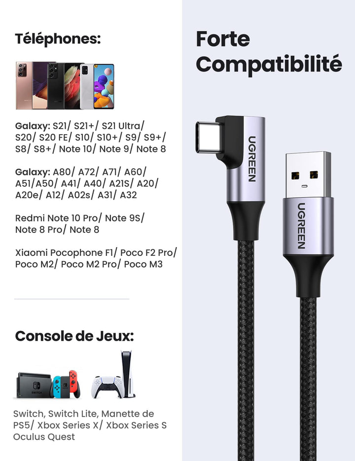 UGREEN Câble USB C vers USB 3.0 Coudé Charge Rapide 3A