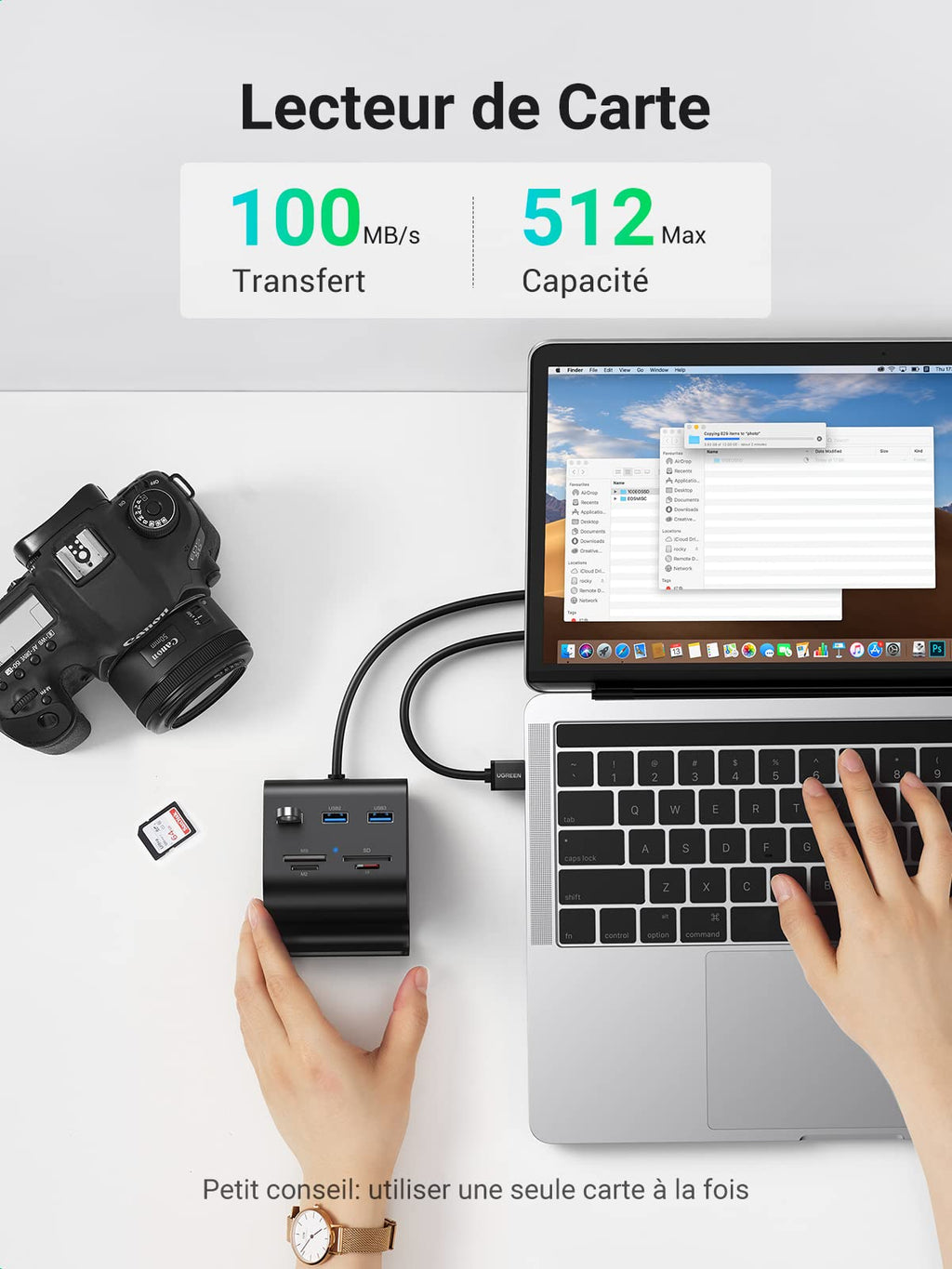UGREEN Hub USB A 3.0 avec Lecteur de Carte Micro SD MS M2 et 3 Ports
