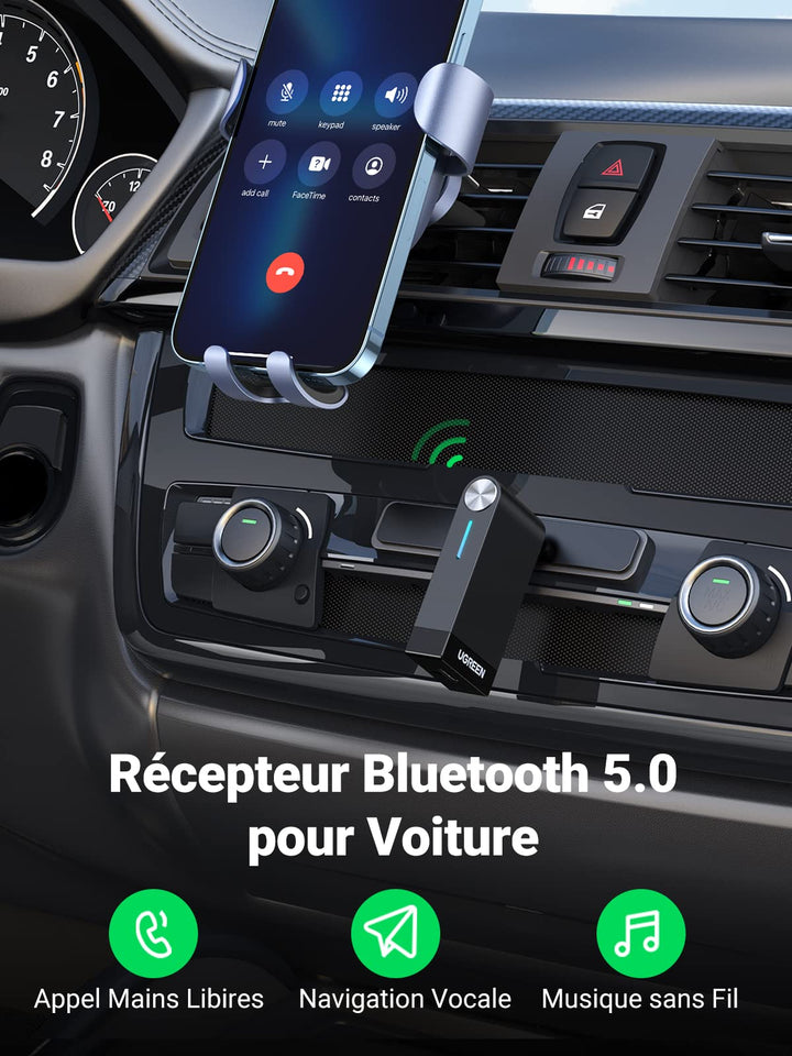 UGREEN Récepteur Bluetooth 5.0 Voiture Adaptateur Bluetooth Aux 3.5mm Jack Kit Mains Libres avec Mic Intégré pour Streaming Maison Kit Auto Haut Parleur