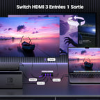 UGREEN Switch HDMI 2.1 8K 60Hz Commutateur HDMI 4K 120Hz 3 Entrées à 1 Sortie 1080P Dolby Vision Atmos HDR 3D Haute Vitesse 48Gbps Compatible avec PC PS5 PS4 Xbox One 360 DVD TV Box Projecteur