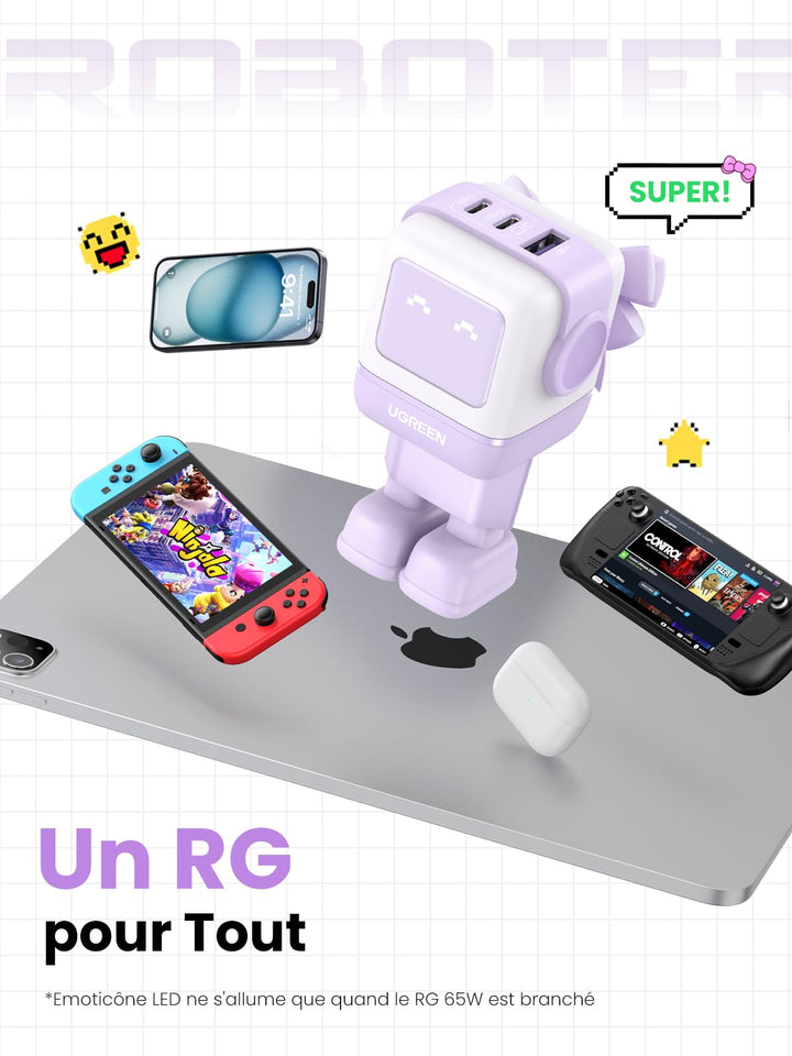 UGREEN Nexode RG RobotGaN 65W Chargeur USB C Rapide 3 Ports (Violet)