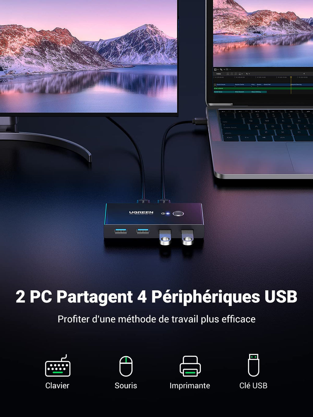 UGREEN Switch USB 3.0 Commutateur KVM 4 Ports USB