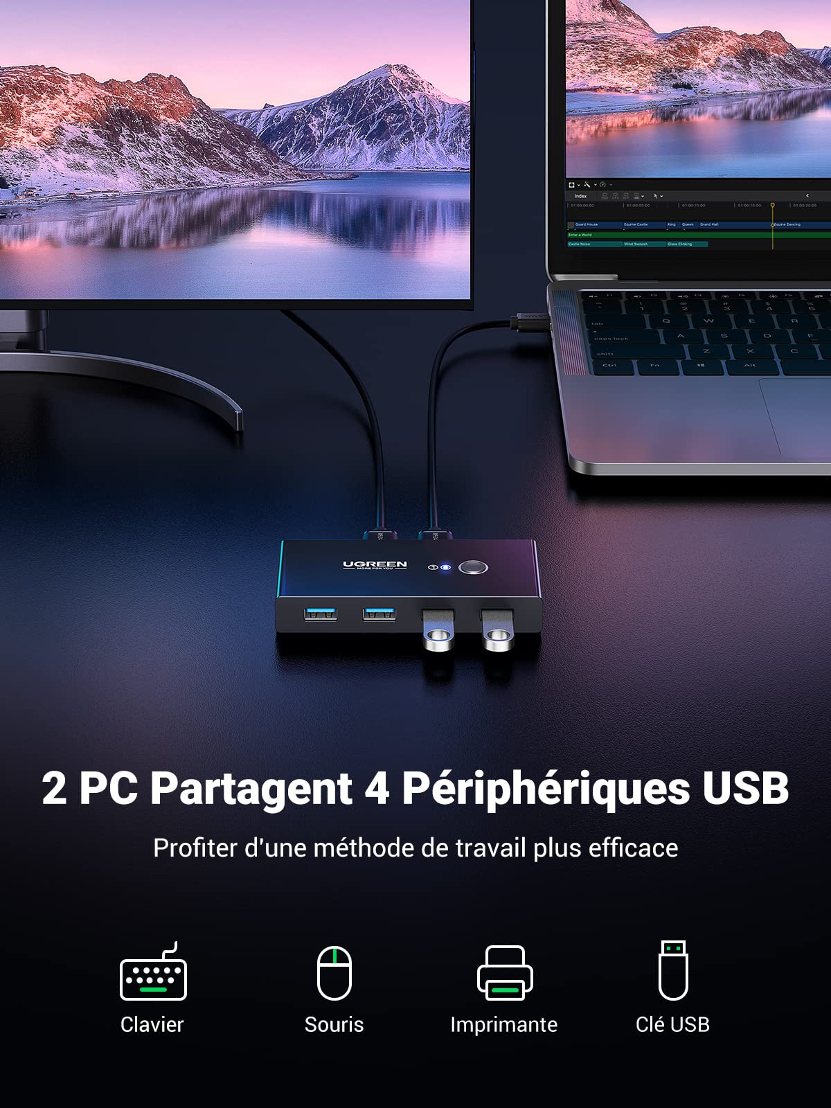UGREEN Switch USB 3.0 Commutateur KVM 4 Ports USB