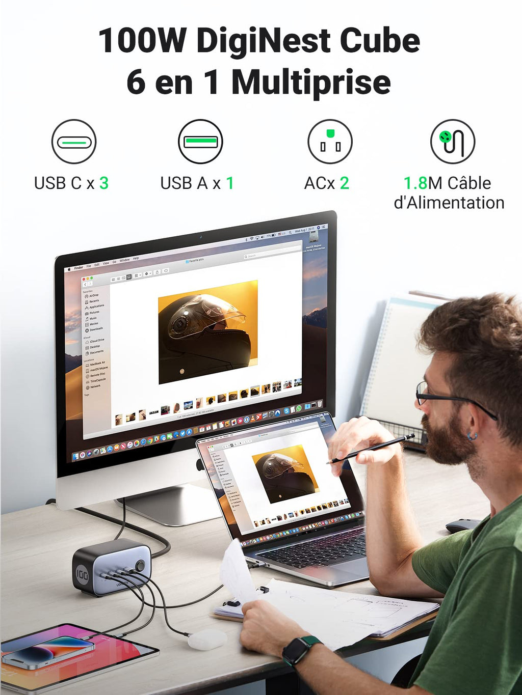 UGREEN DigiNest Cube 6 en 1 Multiprise USB 2 Prises