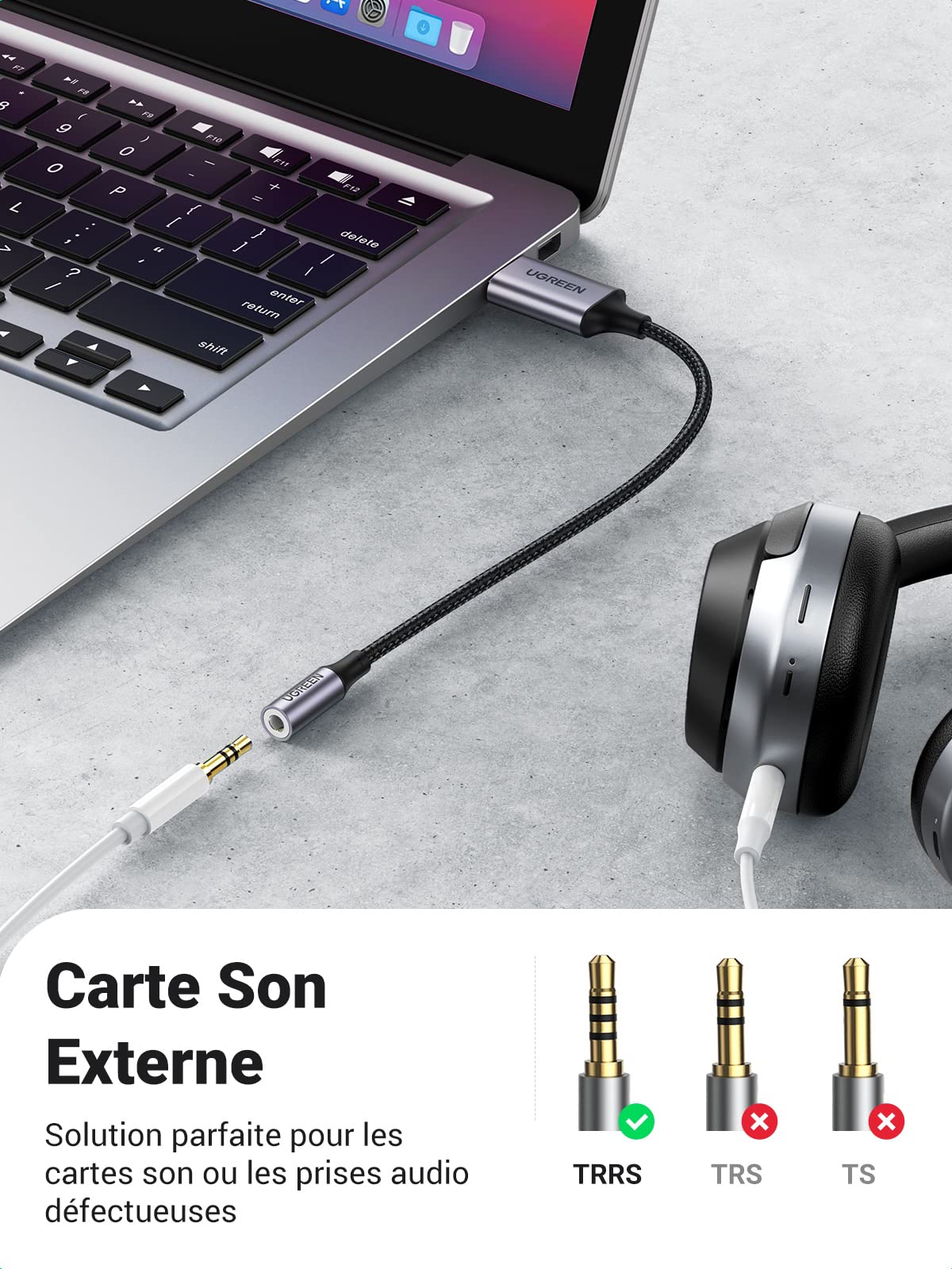 UGREEN Adaptateur USB vers Jack 3,5mm Carte Son Externe USB
