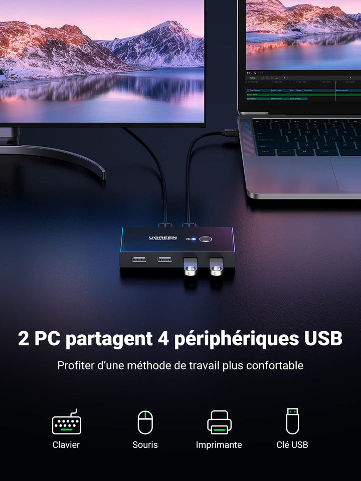 UGREEN USB 2.0 Switch 4 Ports 2 Entrées 4 Sorties USB Commutateur