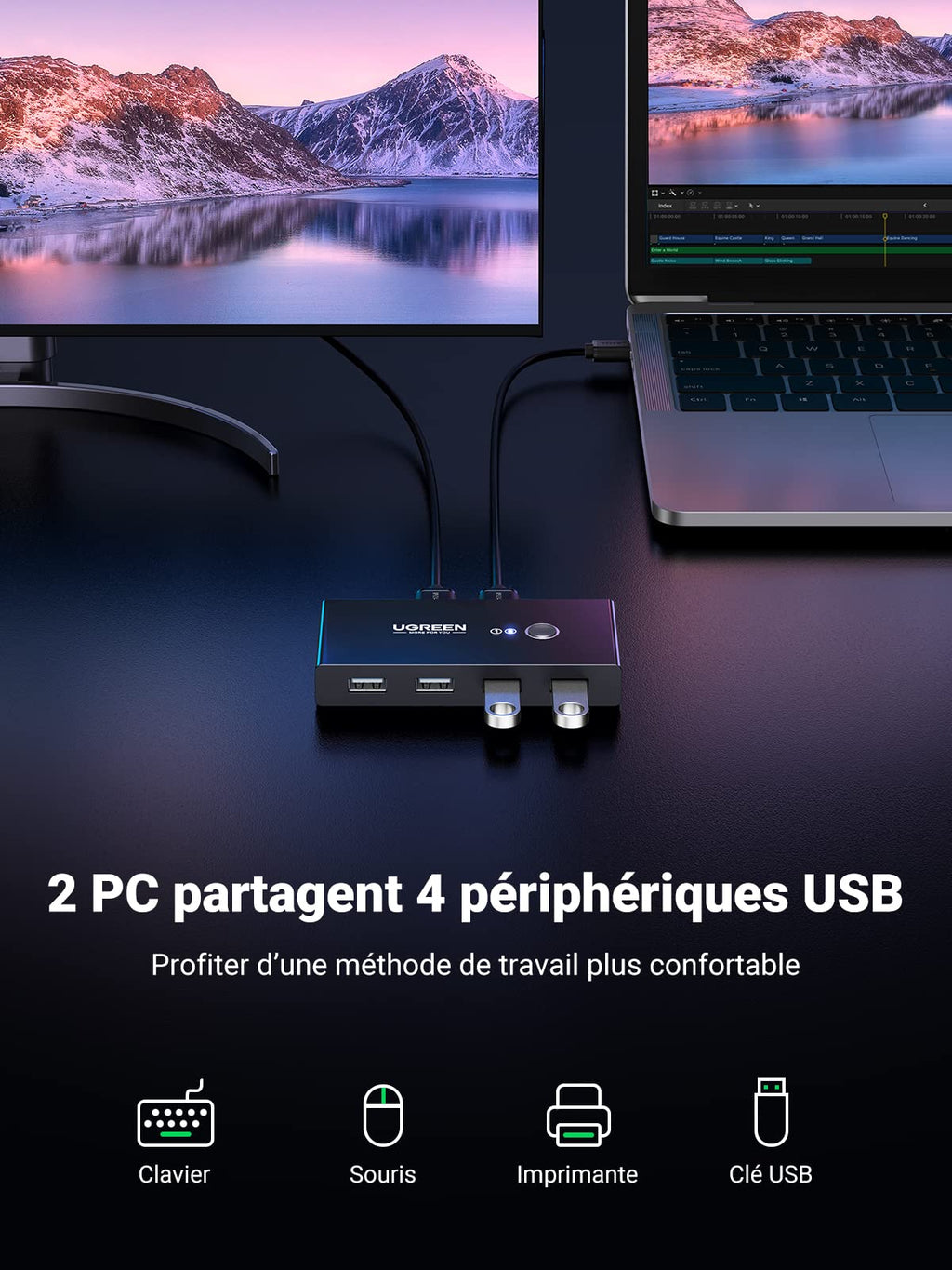 UGREEN USB 2.0 Switch 4 Ports 2 Entrées 4 Sorties USB Commutateur