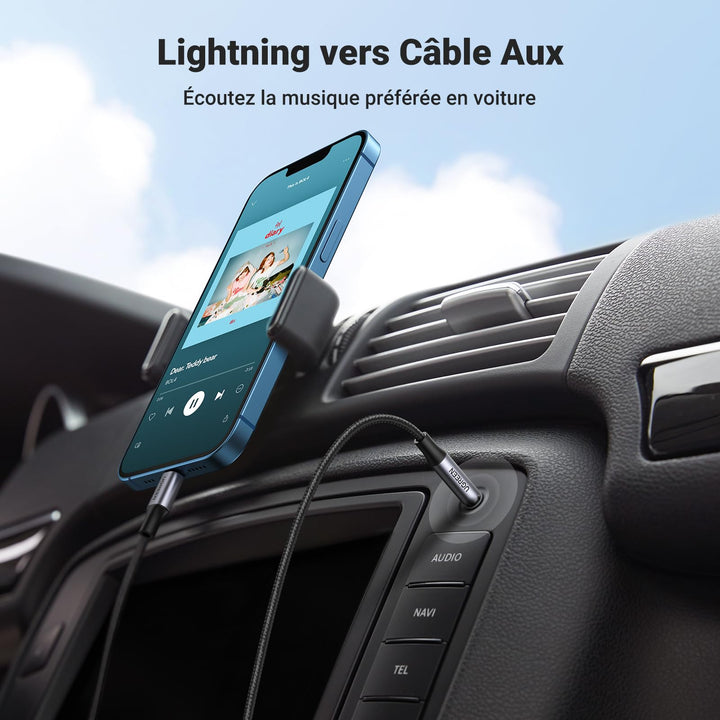 UGREEN Câble Lightning vers Jack Mâle 3.5mm Certification MFi Câble Auxiliaire Stéréo Voiture Compatible avec iPhone 14 Pro Max Plus 13 12 Pro Max Mini 11 Pro iPhone SE XR XS Max Lightning iPad (2M)