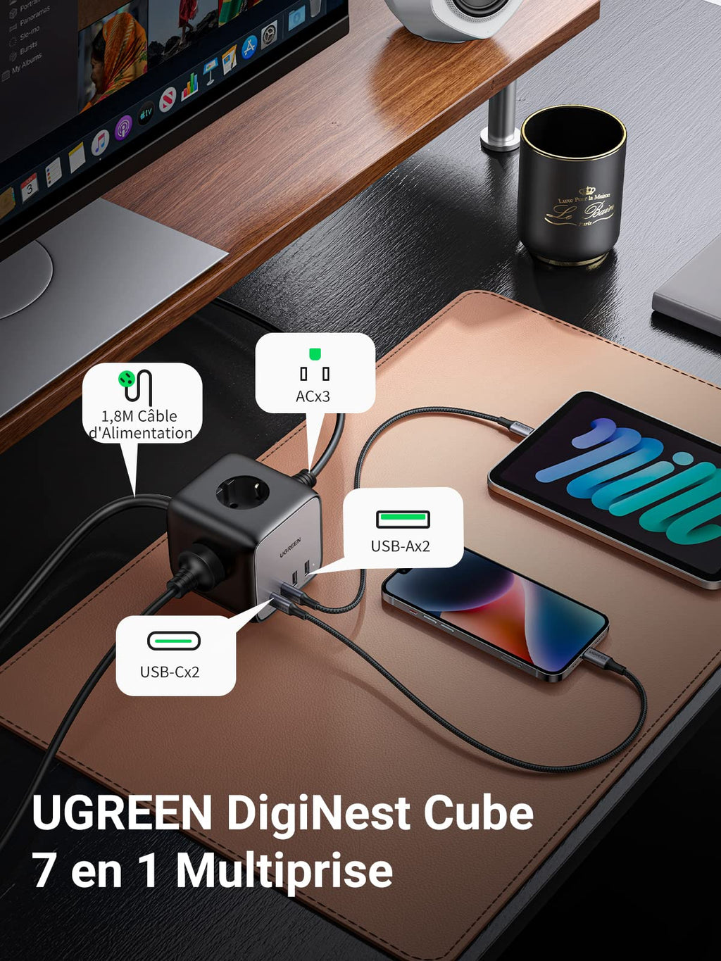UGREEN DigiNest Cube 7 en 1 Multiprise USB Cube 3 Prises