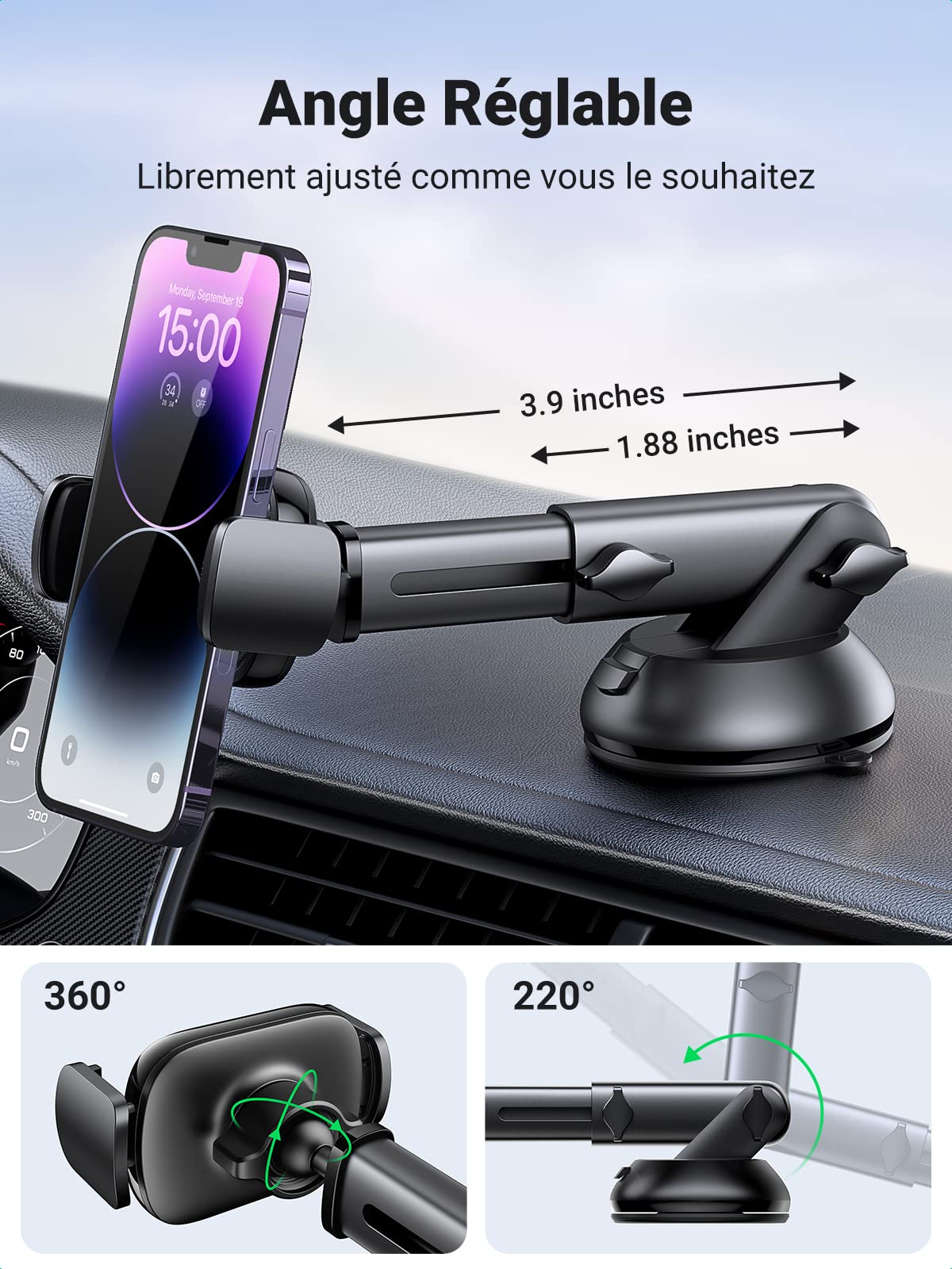 UGREEN support de téléphone de voiture ventouse rotation à 360 degrés