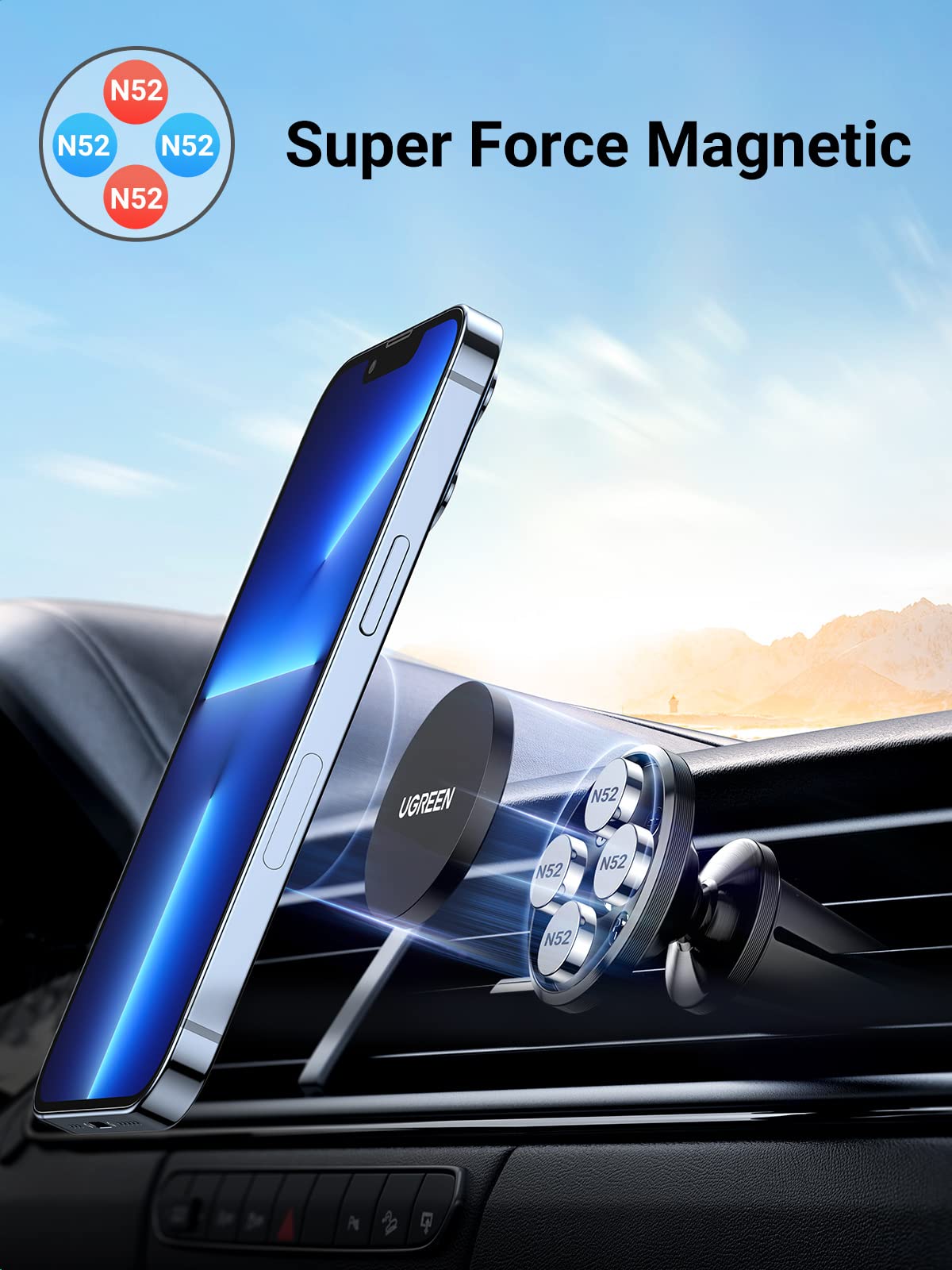 UGREEN Support Téléphone Portable Voiture Magnétique 4 Aimants Puissants Intégrés