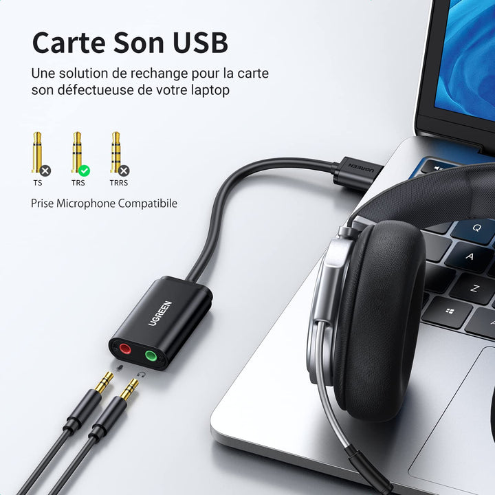 Carte son externe USB vers jack 3,5 mm Adaptateur audio Casque Adaptateur  AUX Puce intégrée pour PC Noir Connexion stable, transmission haute vitesse